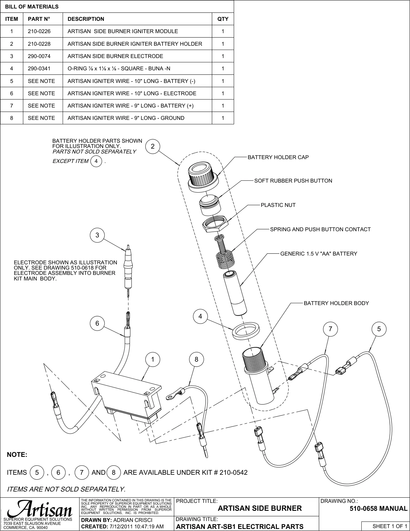 ART-SB1 Single Side Burner Electrical Parts parts diagram