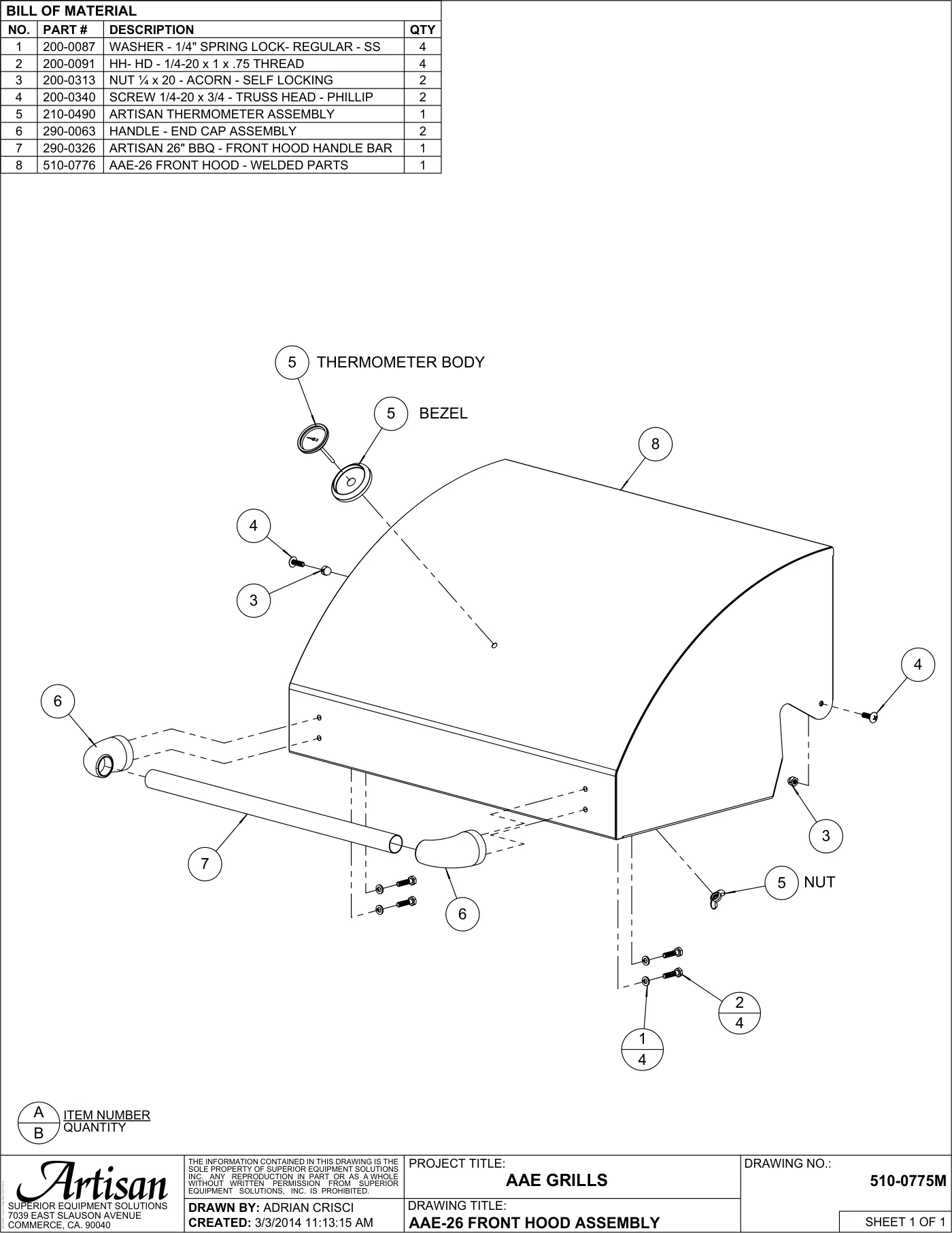 AAE-26 Grill Front Hood Assembly parts diagram