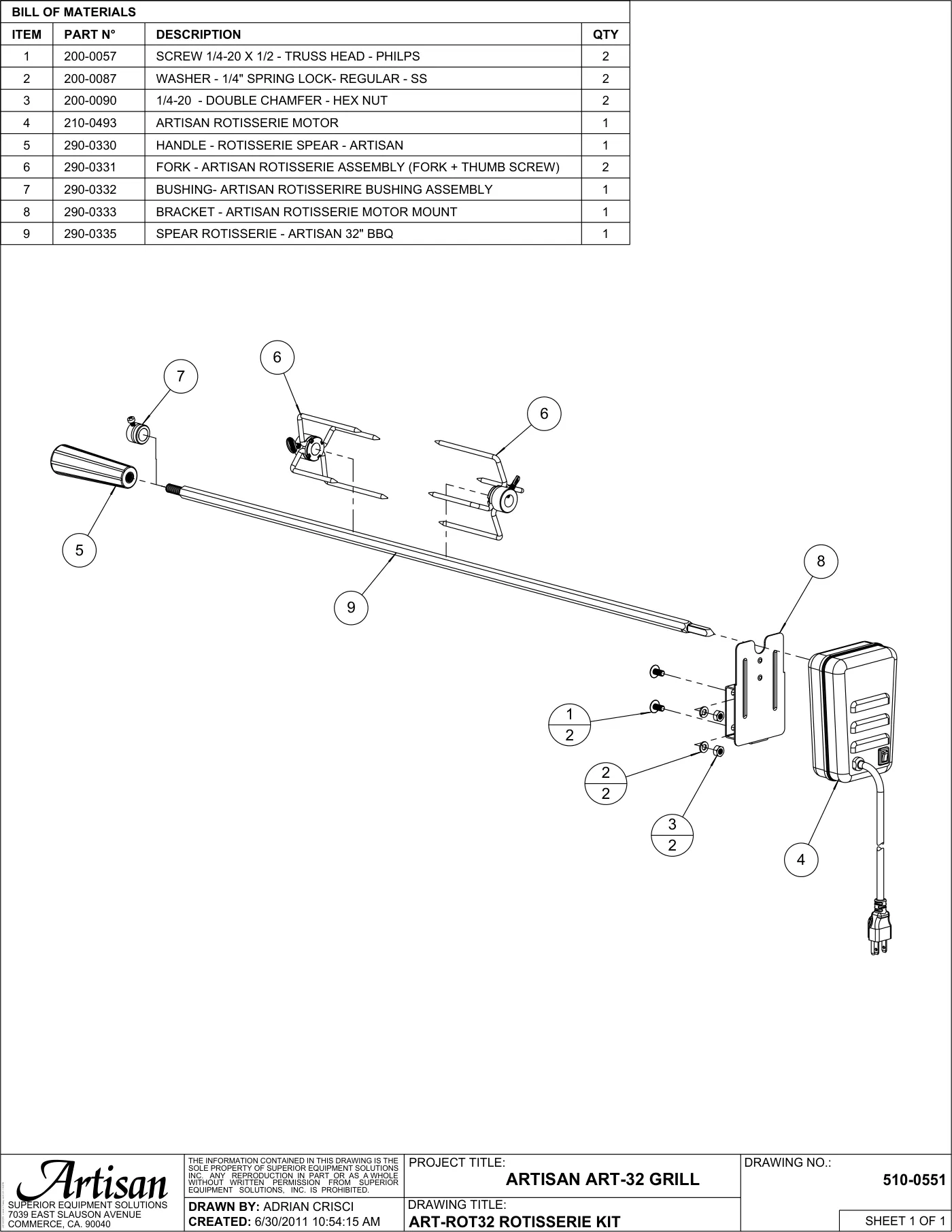 ART-32 Grill ART-ROT32 Rotisserie Kit parts diagram