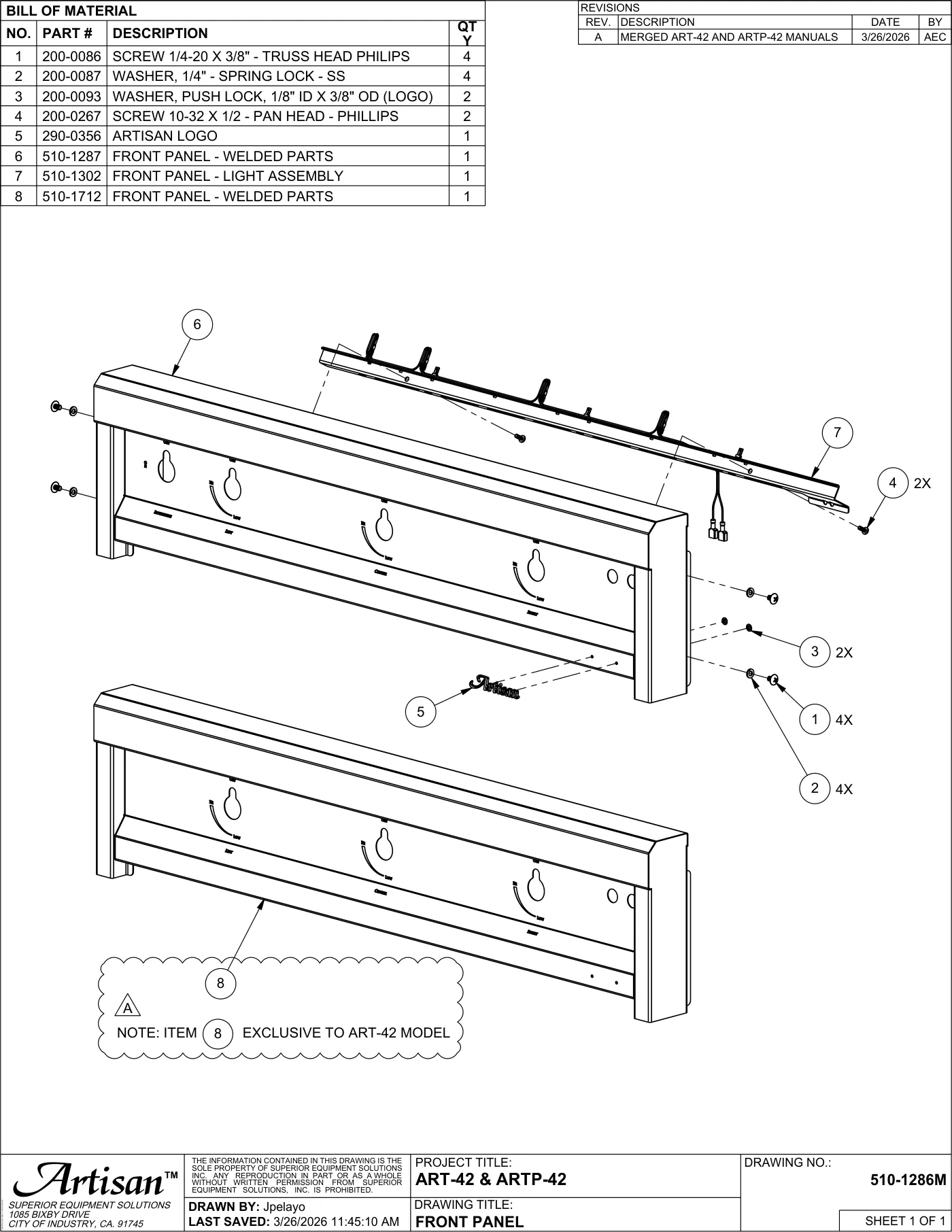 ART-42 and ARTP-42 Grill Front Panel parts diagram