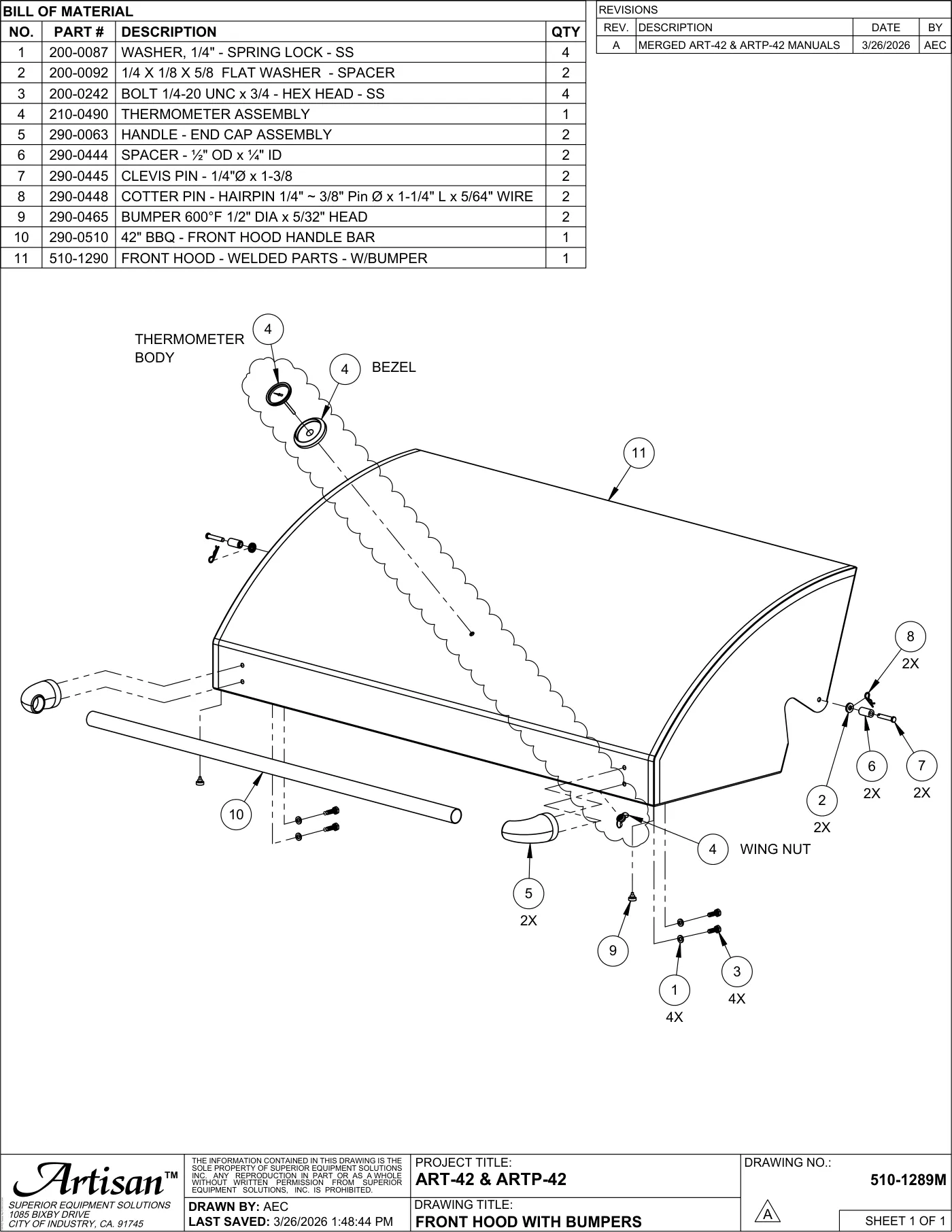 ART-42 and ARTP-42 Grill Front Hood with Bumpers parts diagram