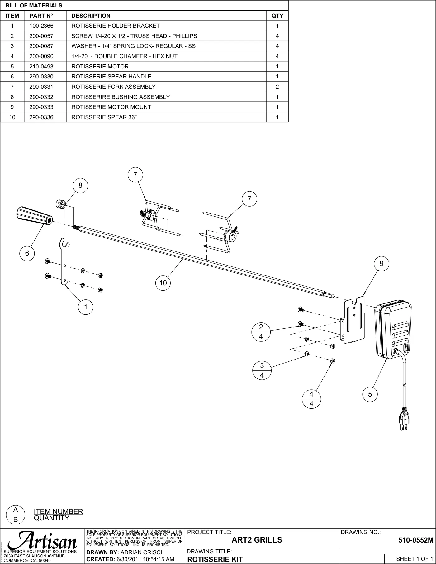 ARTP-36 Grill Rotisserie Kit parts diagram