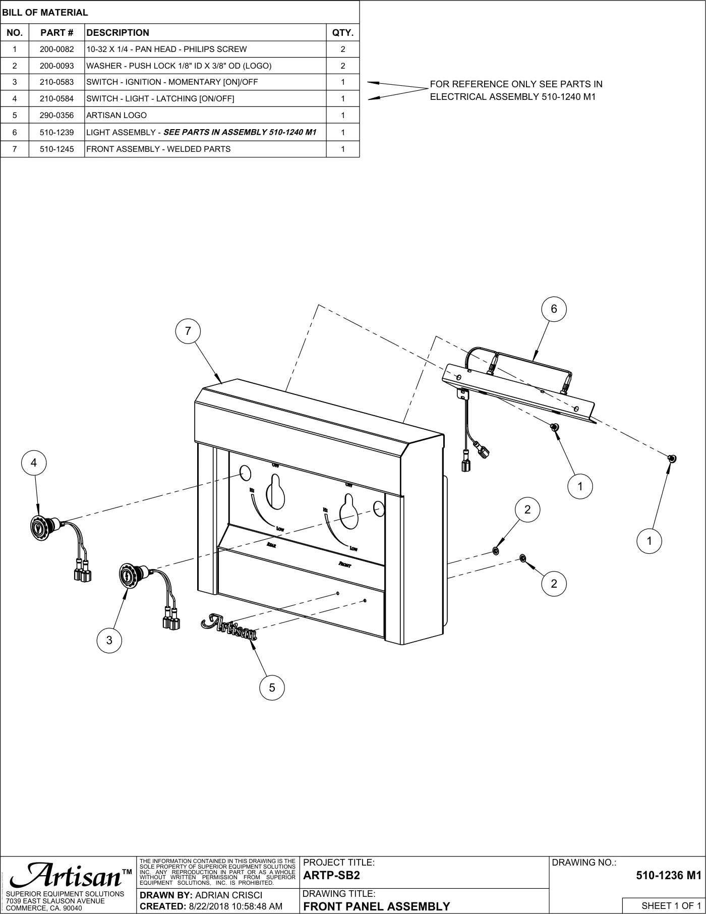 ARTP-SB2 Double Side Burner Front Panel Assembly parts diagram