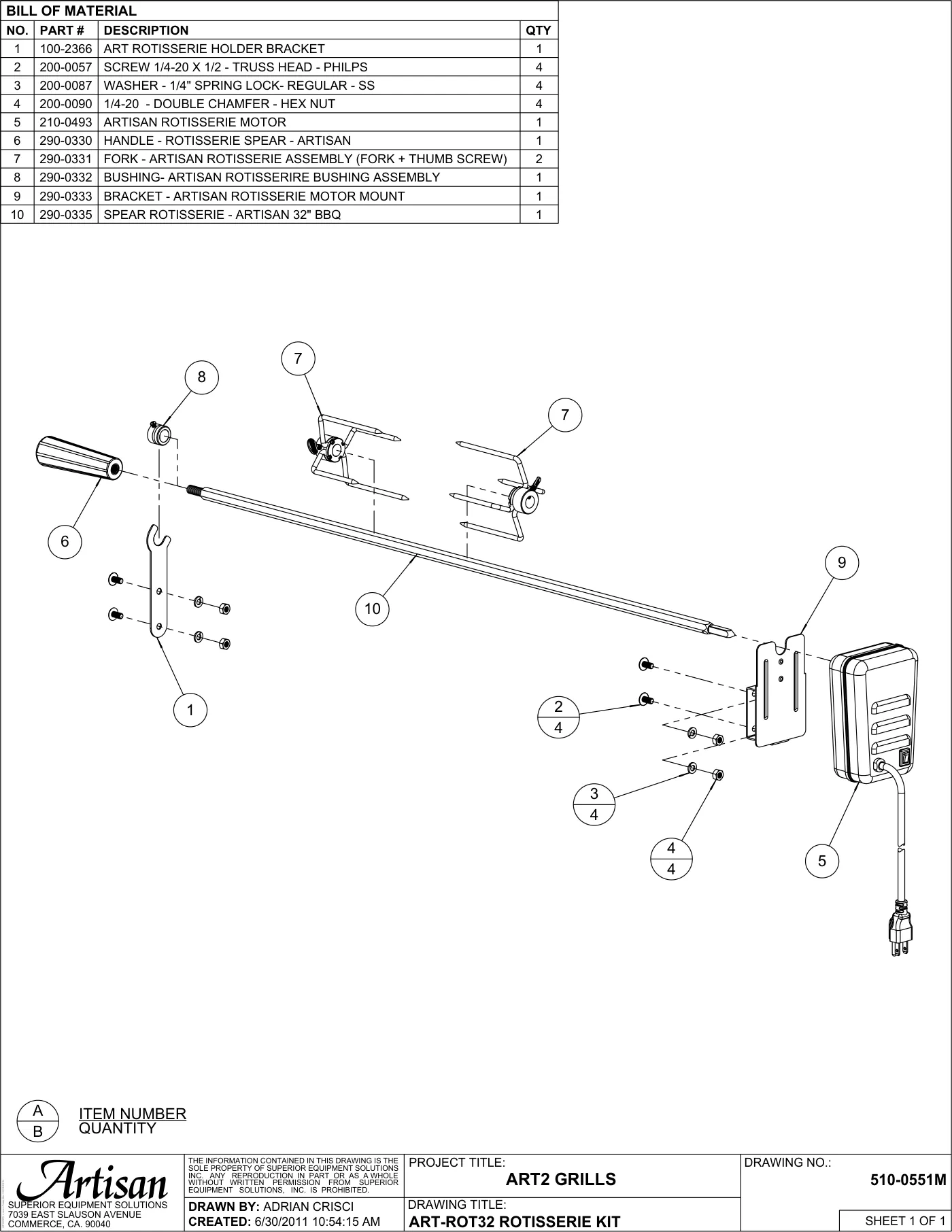 ARTP-32 Grill ART-ROT32 Rotisserie Kit parts diagram