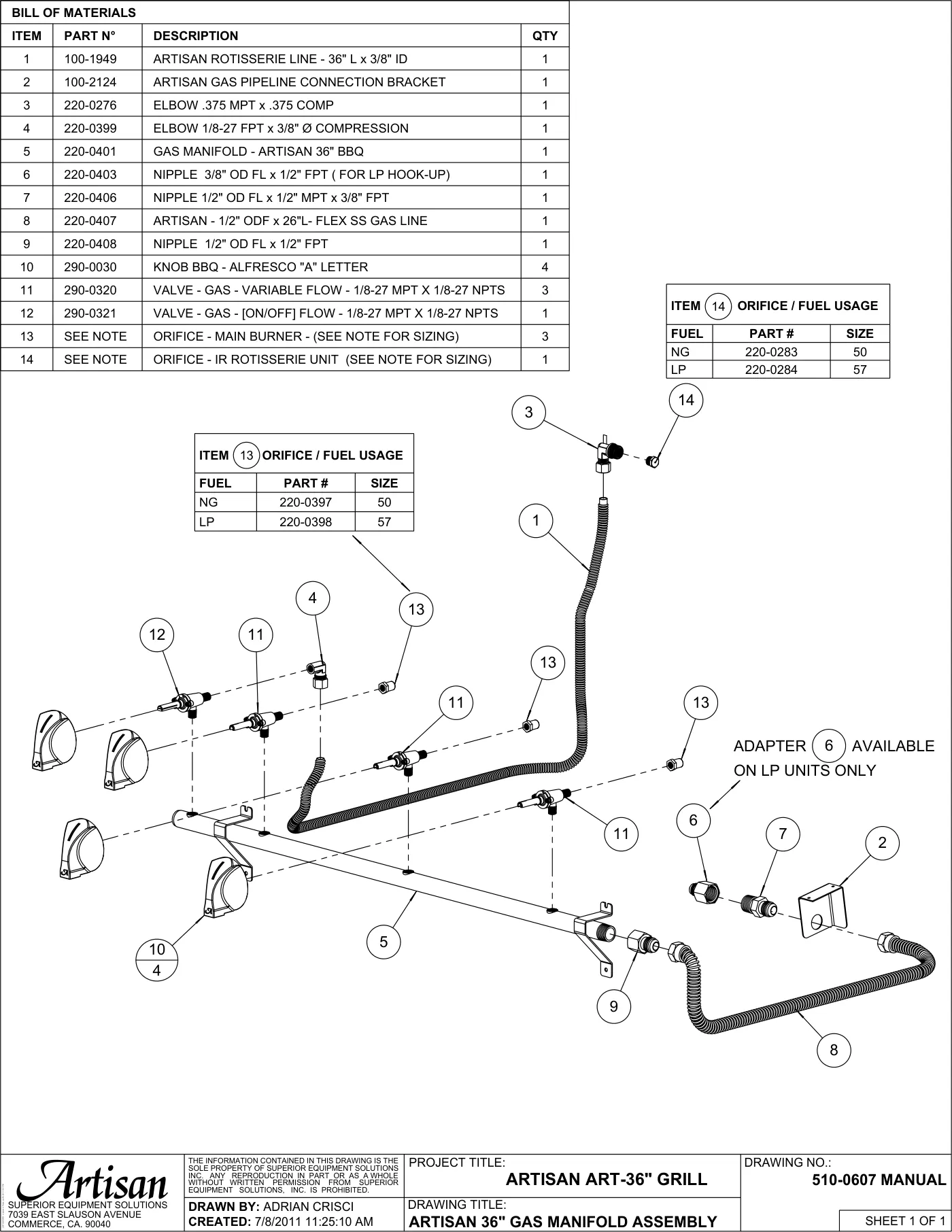 ART-36 Grill Gas Manifold Assembly parts diagram