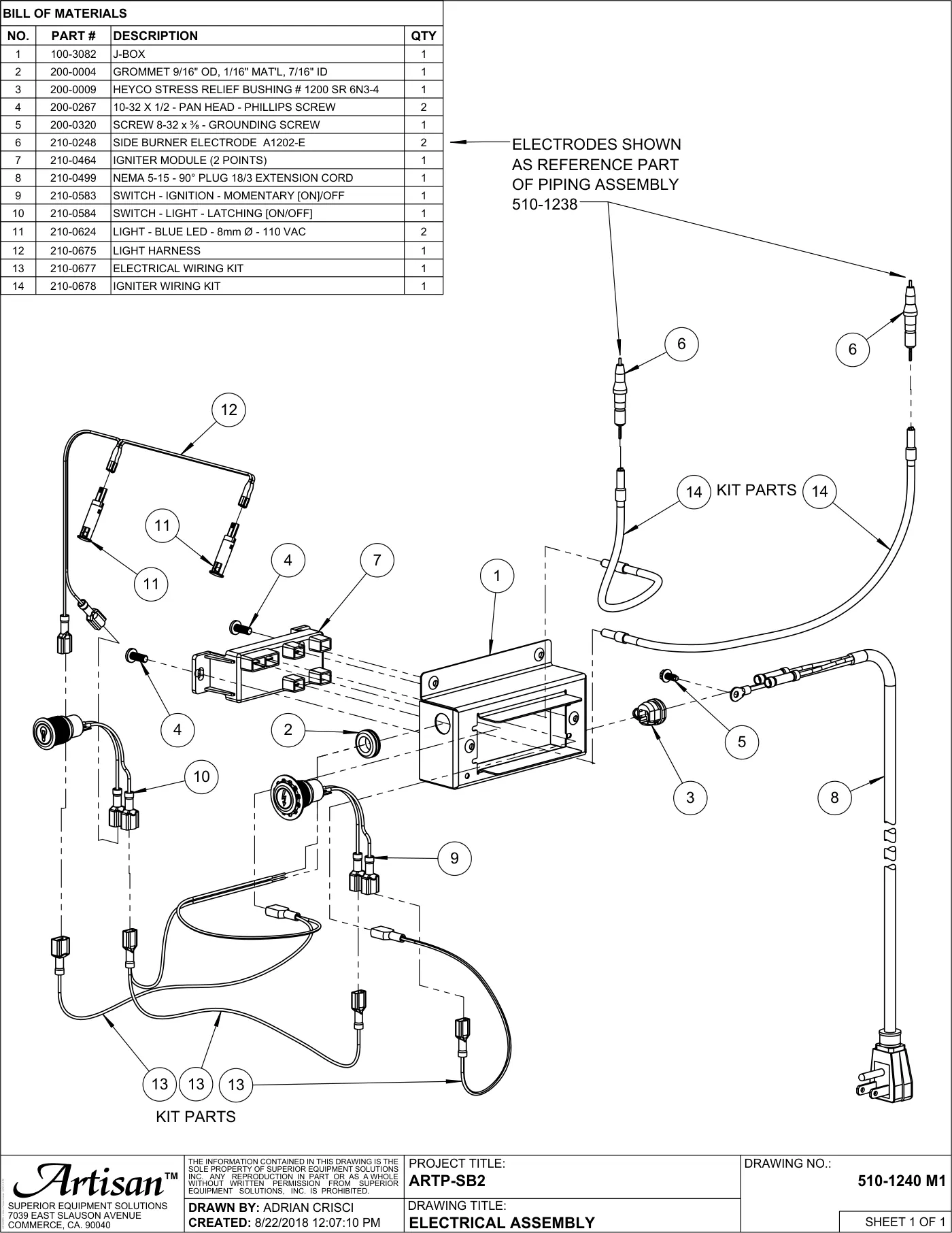 ARTP-SB2 Double Side Burner Electrical Assembly parts diagram
