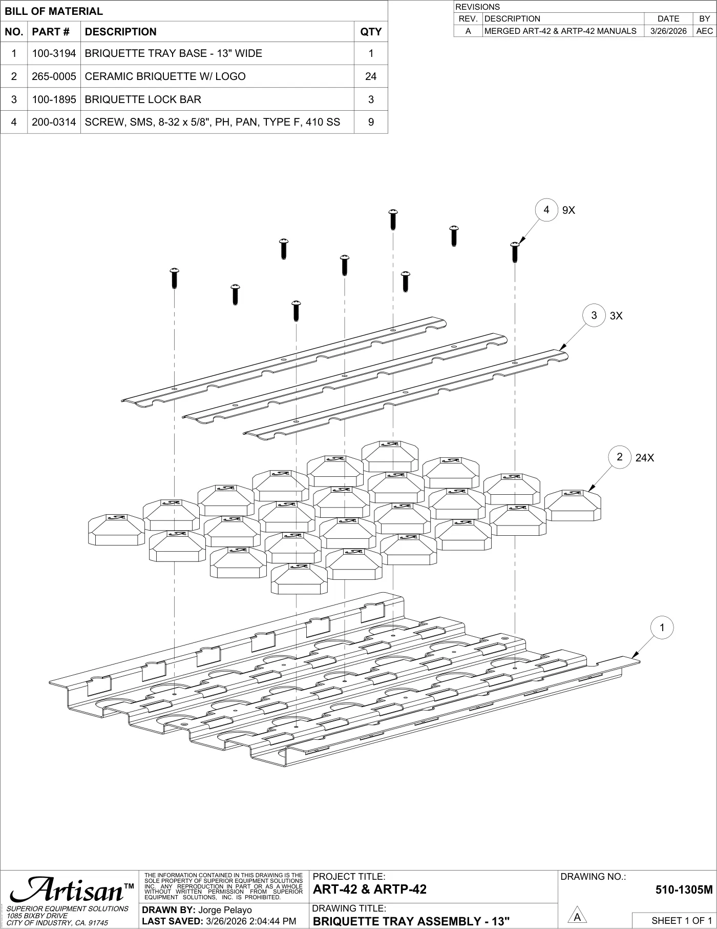 ART-42 and ARTP-42 Grill Briquette Tray Assembly - 13" parts diagram