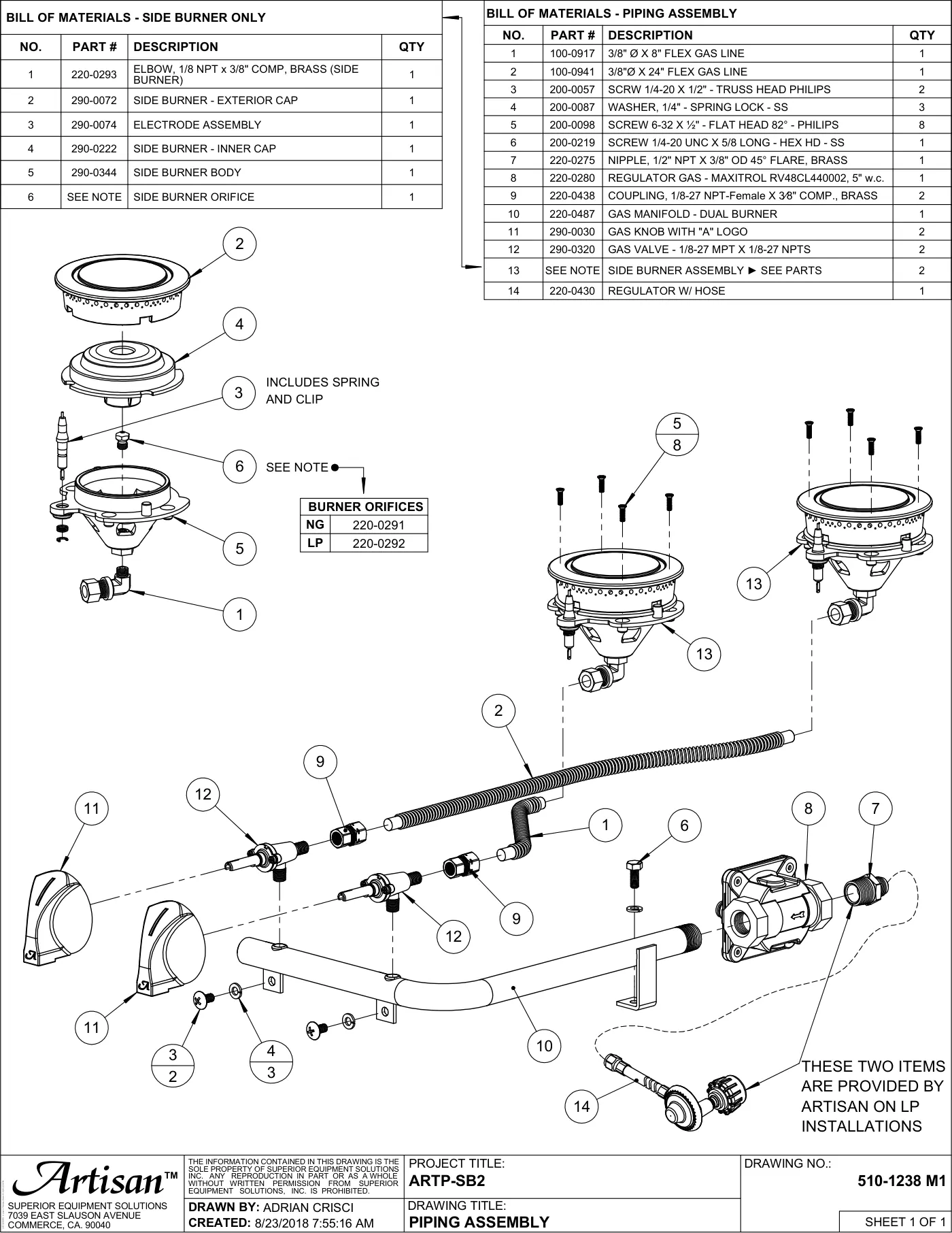 ARTP-SB2 Double Side Burner Piping Assembly parts diagram