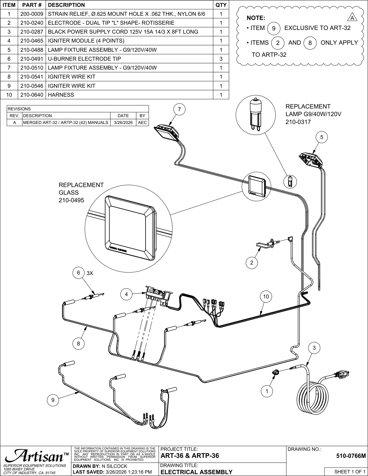 ART-36 and ARTP-36 Grill Electrical Assembly parts diagram