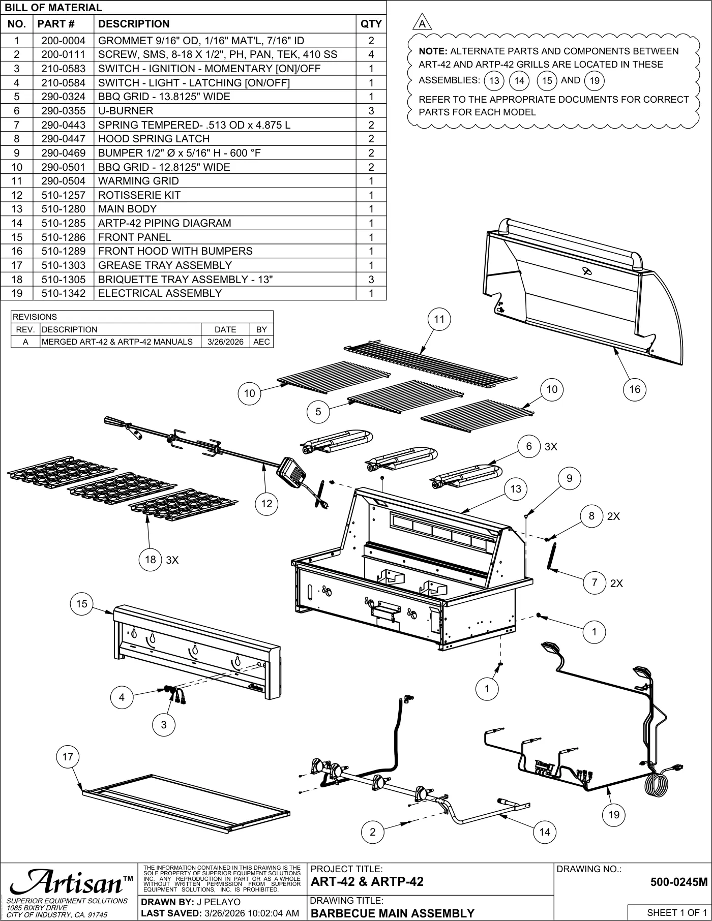 ART-42 and ARTP-42 Grill Complete Unit (Main Assembly) parts diagram