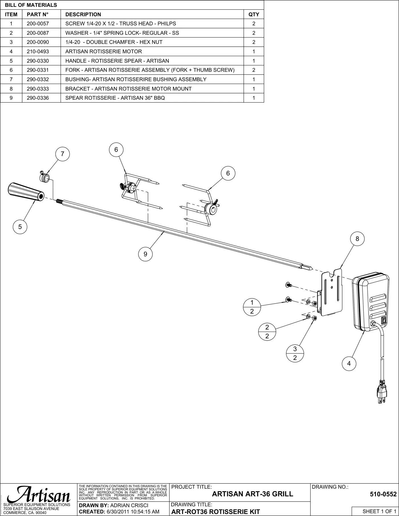 ART-36 Grill ART-ROT36 Rotisserie Kit parts diagram