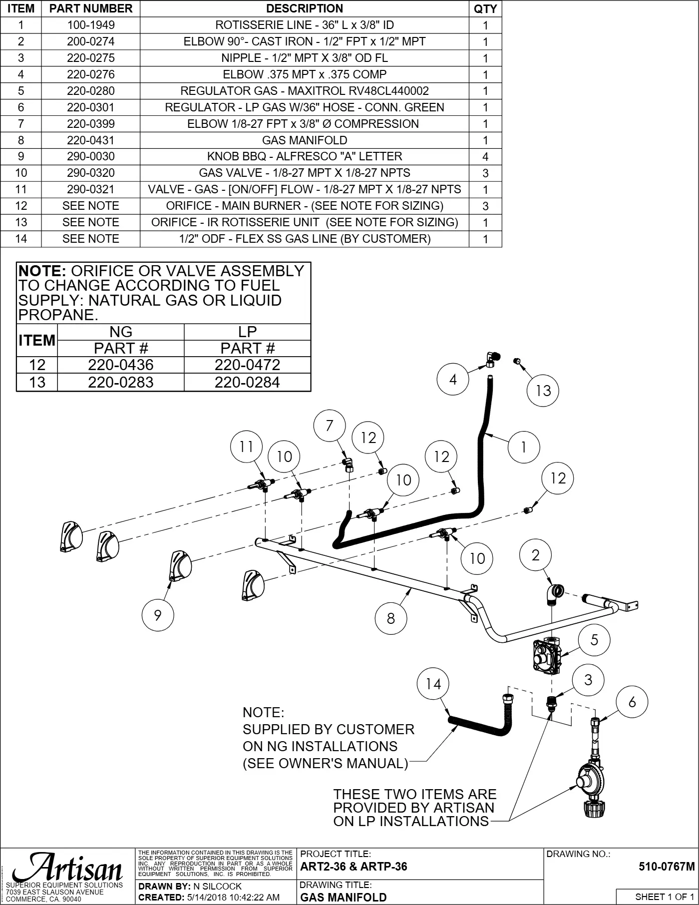 ARTP-36 Grill Gas Manifold parts diagram