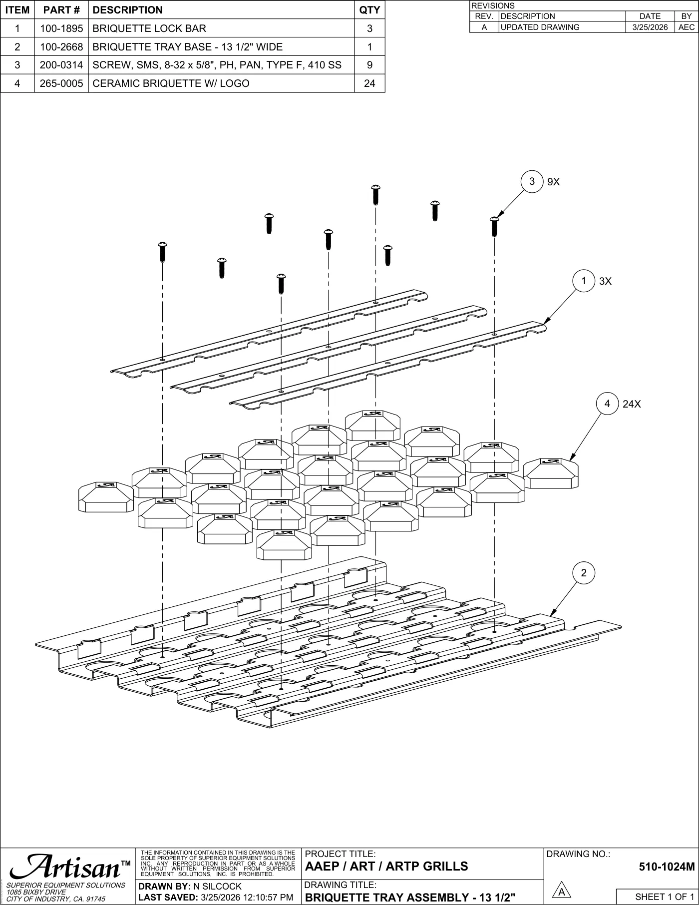 ART-36 and ARTP-36 Grill Briquette Tray Assembly - 13 1/2" parts diagram