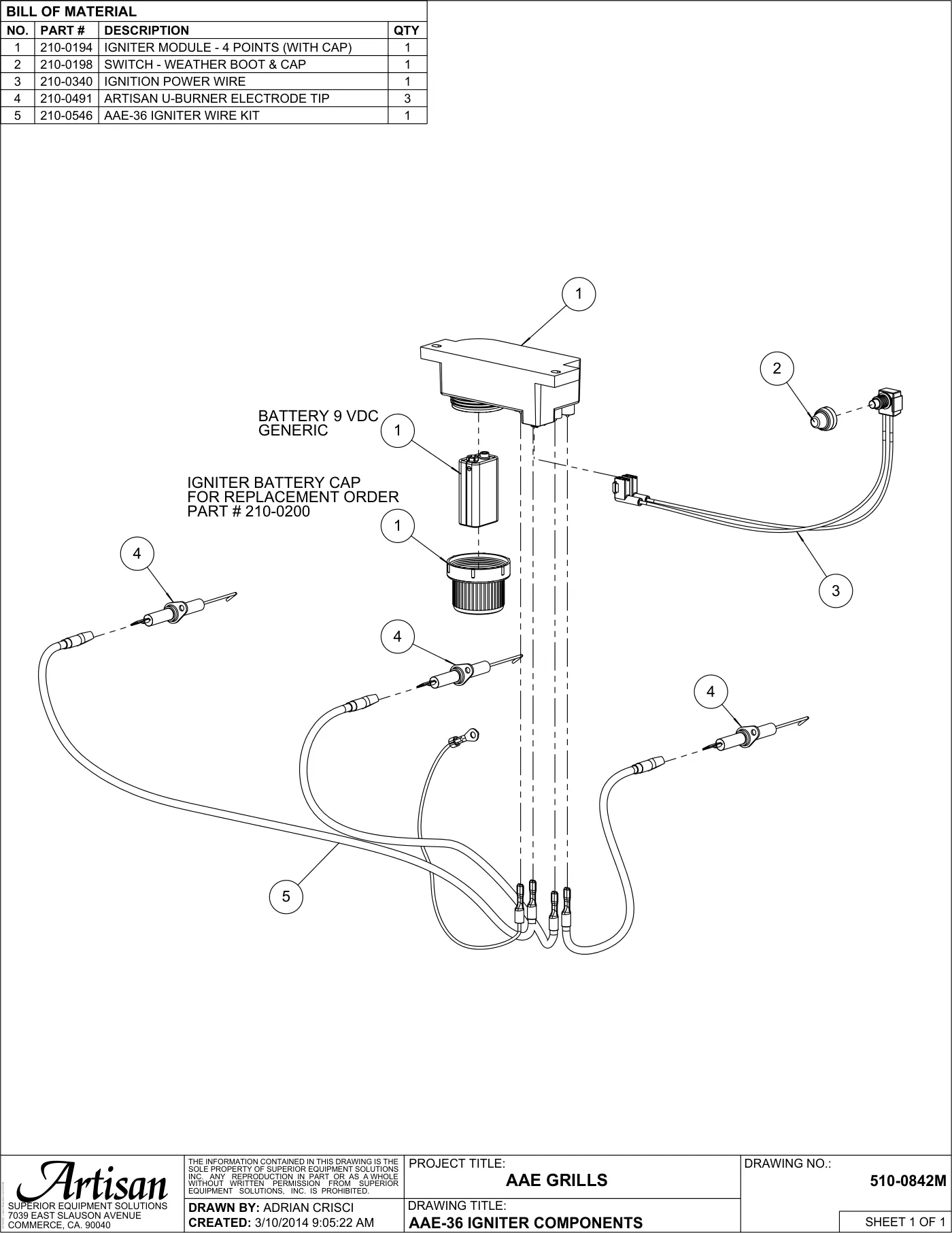 AAE-36 Grill Igniter Components parts diagram