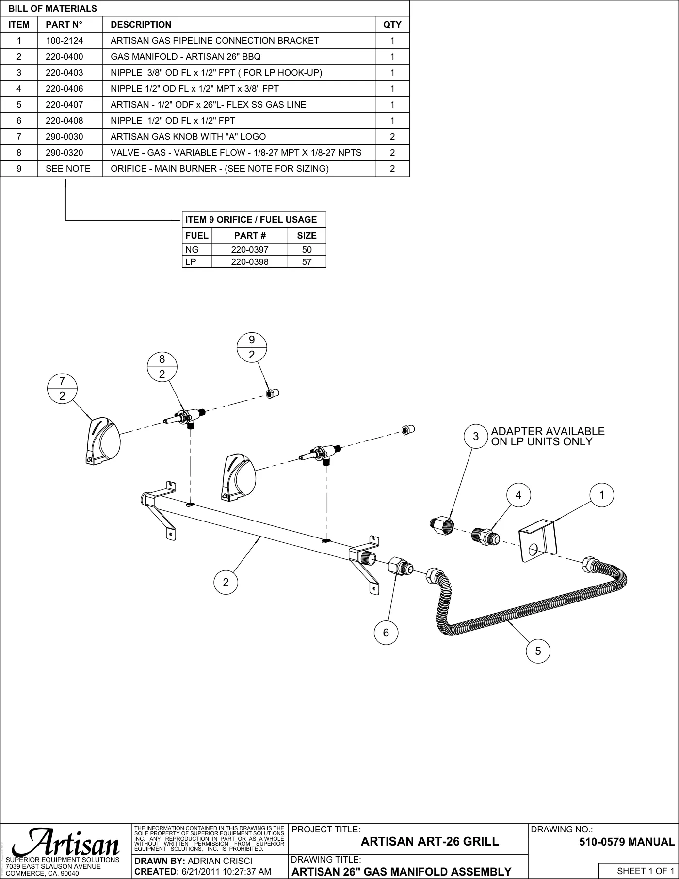 ART-26 Grill Gas Manifold Assembly parts diagram