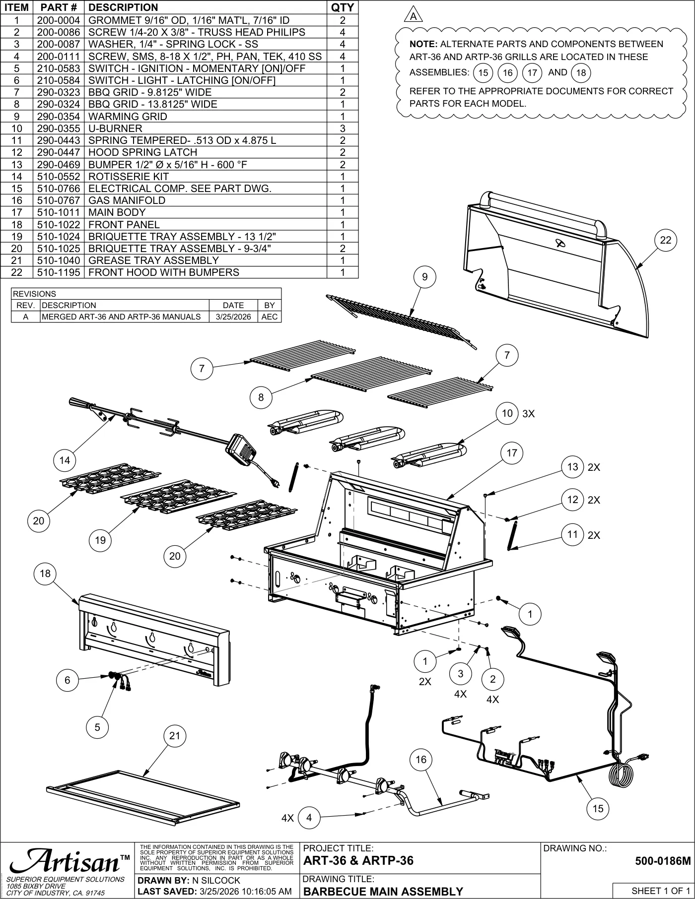 ART-36 and ARTP-36 Grill Complete Unit (Main Assembly) parts diagram