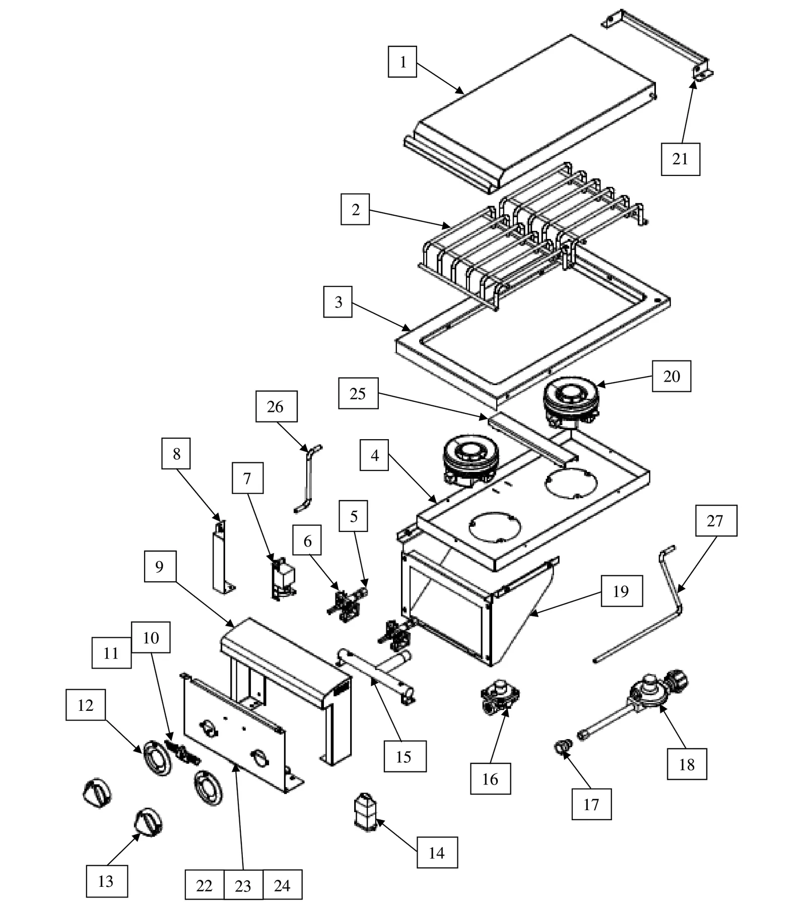 Delta Heat DHSB2-D Built-In Double Side Burner exploded parts diagram