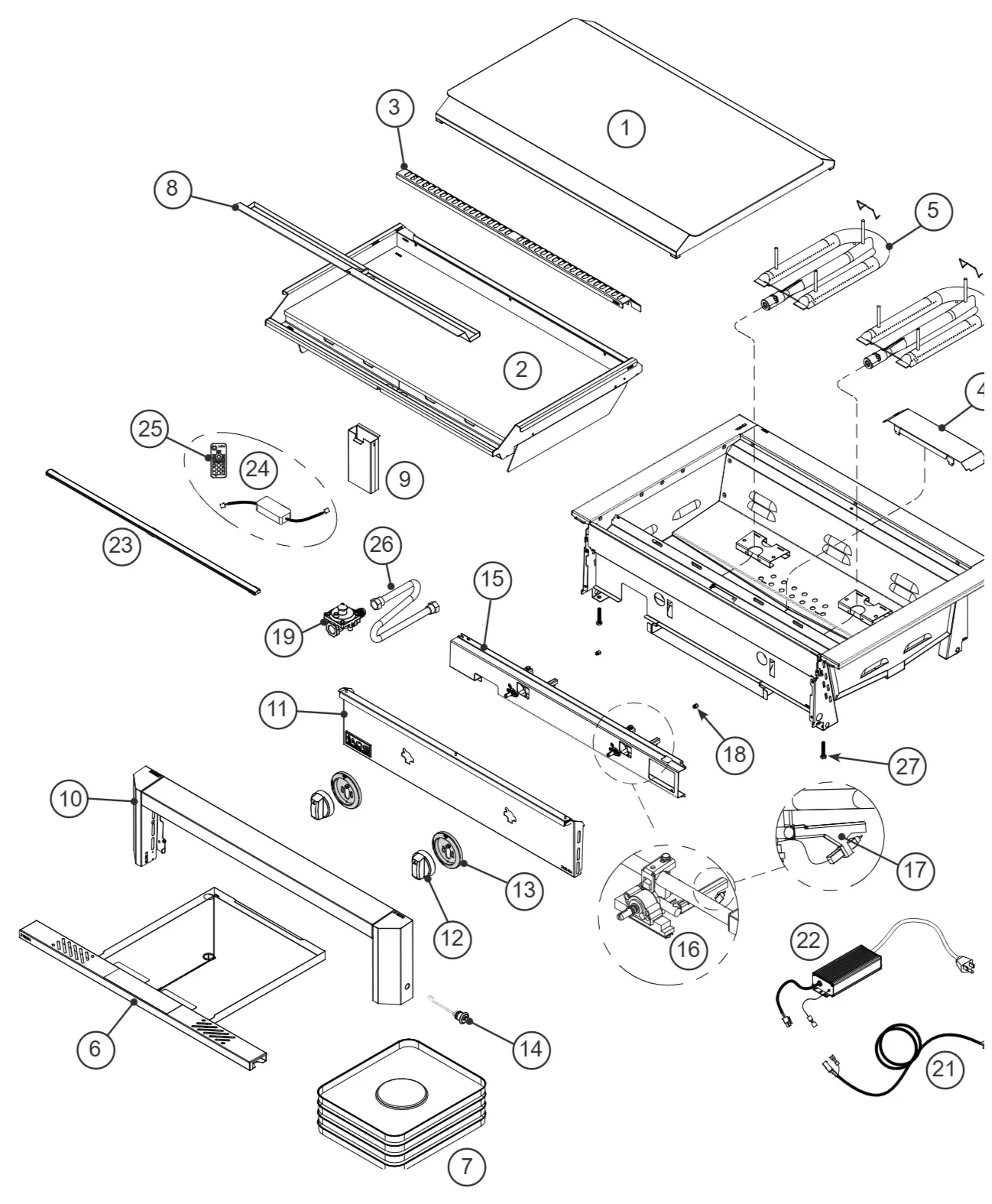 American Outdoor Grill 2026 L Series 30-inch Built-In Griddle exploded parts diagram showing 30 replacement parts