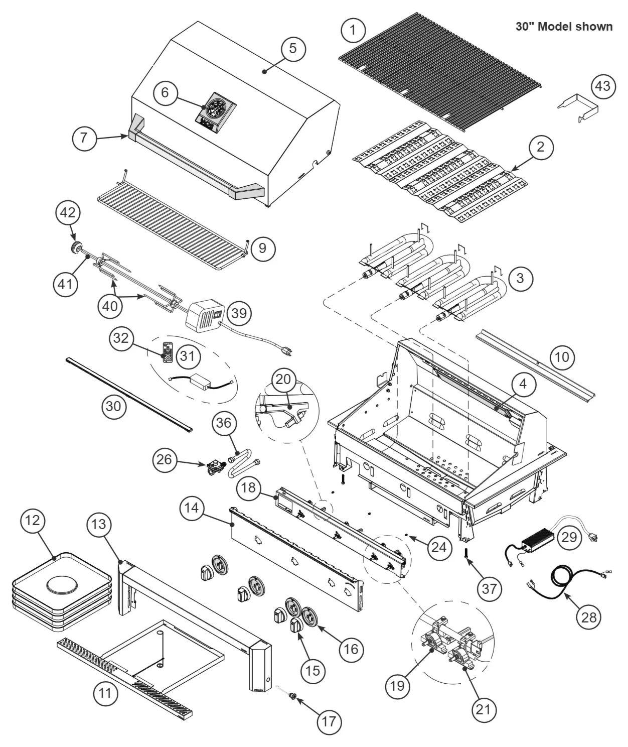 American Outdoor Grill 2026 L Series 30-inch Built-In exploded parts diagram showing 46 replacement parts