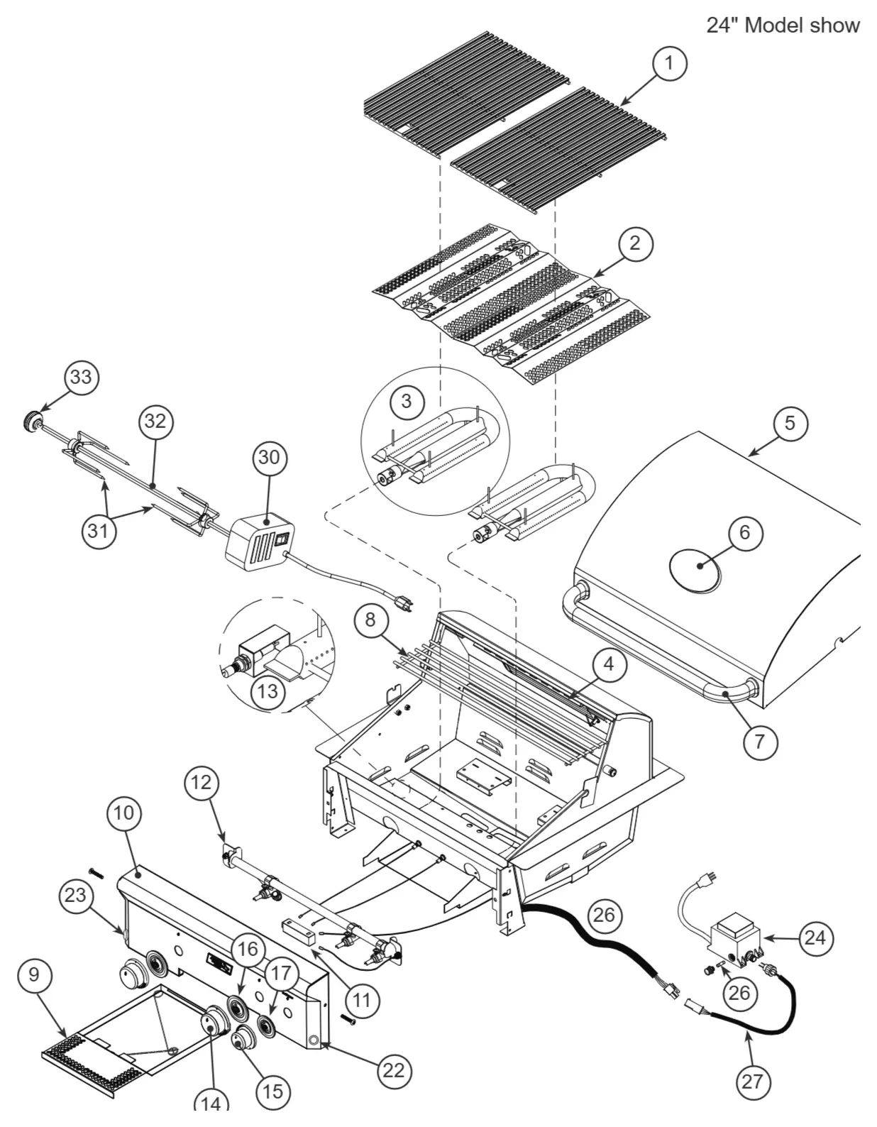 American Outdoor Grill L Series 24-inch Built-In exploded parts diagram showing 38 replacement parts