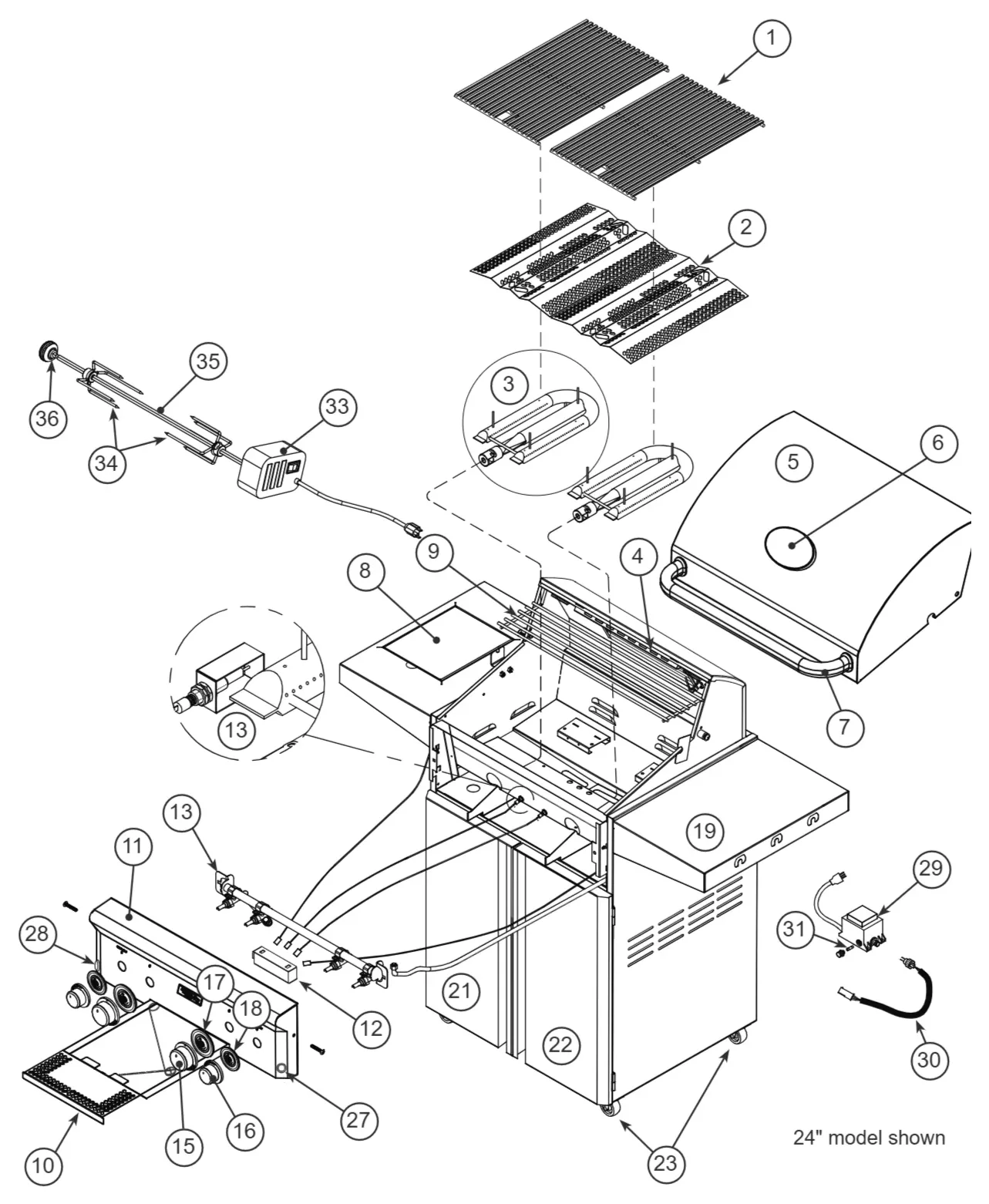 American Outdoor Grill L Series 36-inch Portable exploded parts diagram showing 39 replacement parts