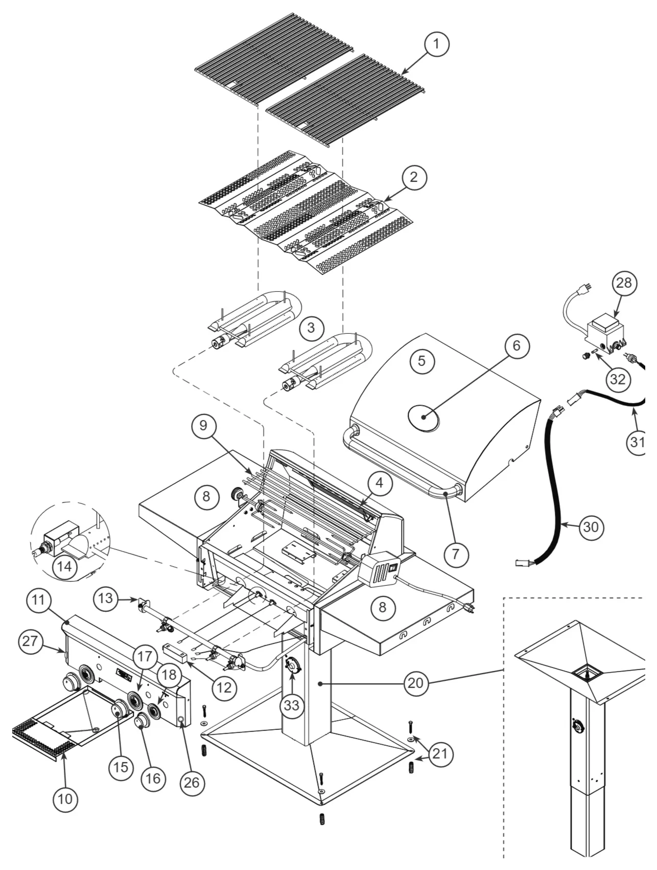 American Outdoor Grill L Series 24-inch Post Mount exploded parts diagram showing 44 replacement parts