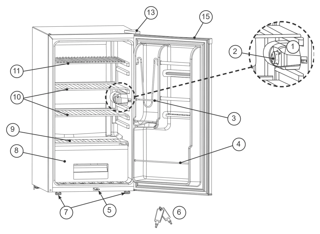 American Outdoor Grill Compact Refrigerator REF-21 exploded parts diagram showing 15 replacement parts