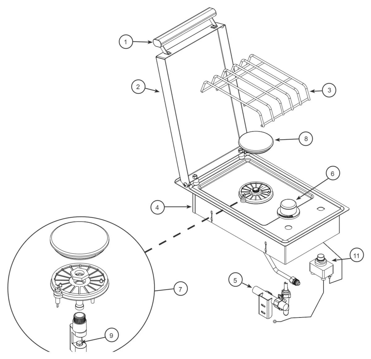 American Outdoor Grill Drop-In Single Side Burner 3283 exploded parts diagram showing 11 replacement parts