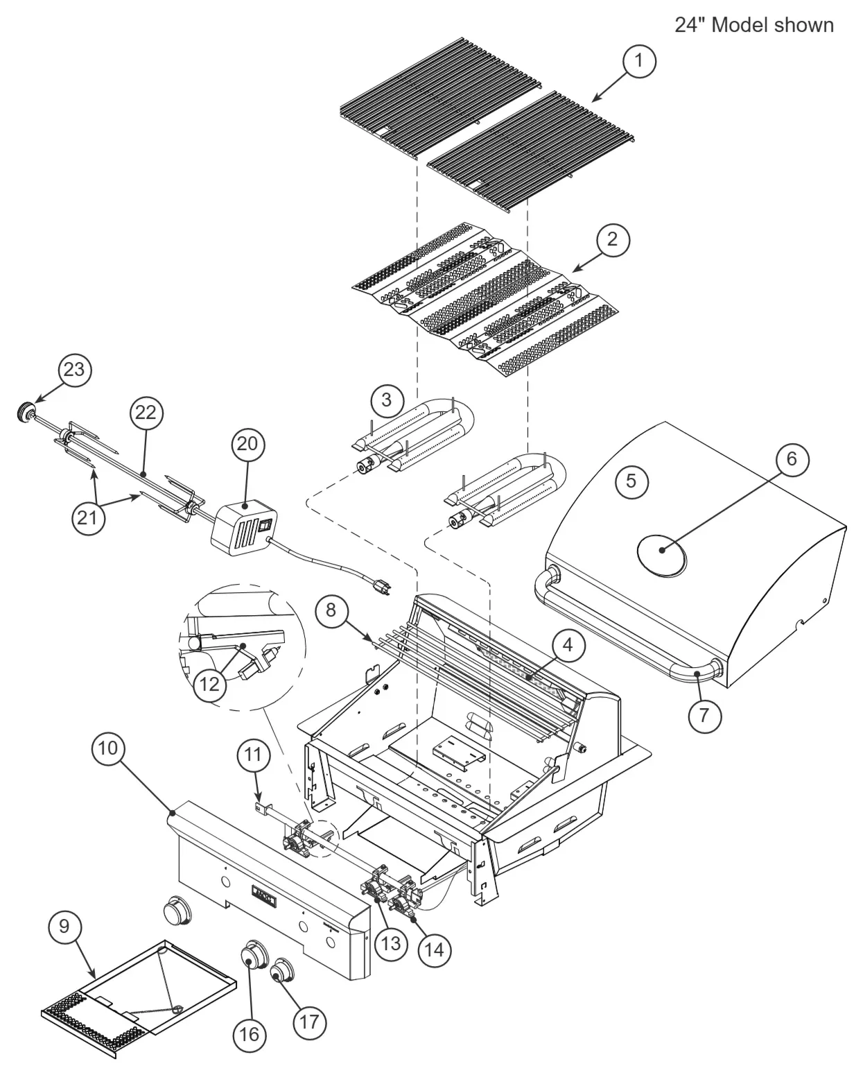 American Outdoor Grill T Series 24-inch Built-In exploded parts diagram showing 27 replacement parts