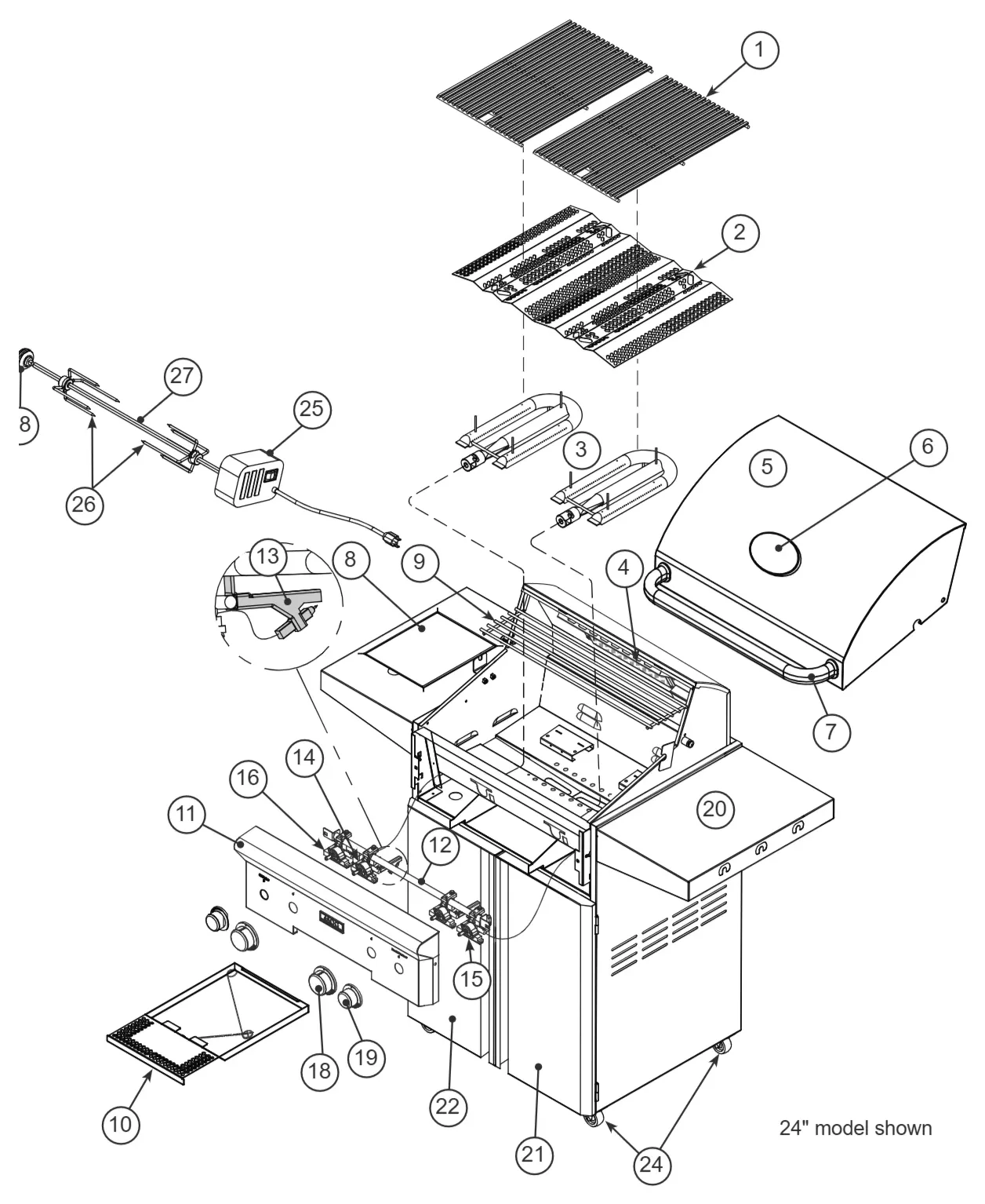 American Outdoor Grill T Series 36-inch Portable exploded parts diagram showing 30 replacement parts