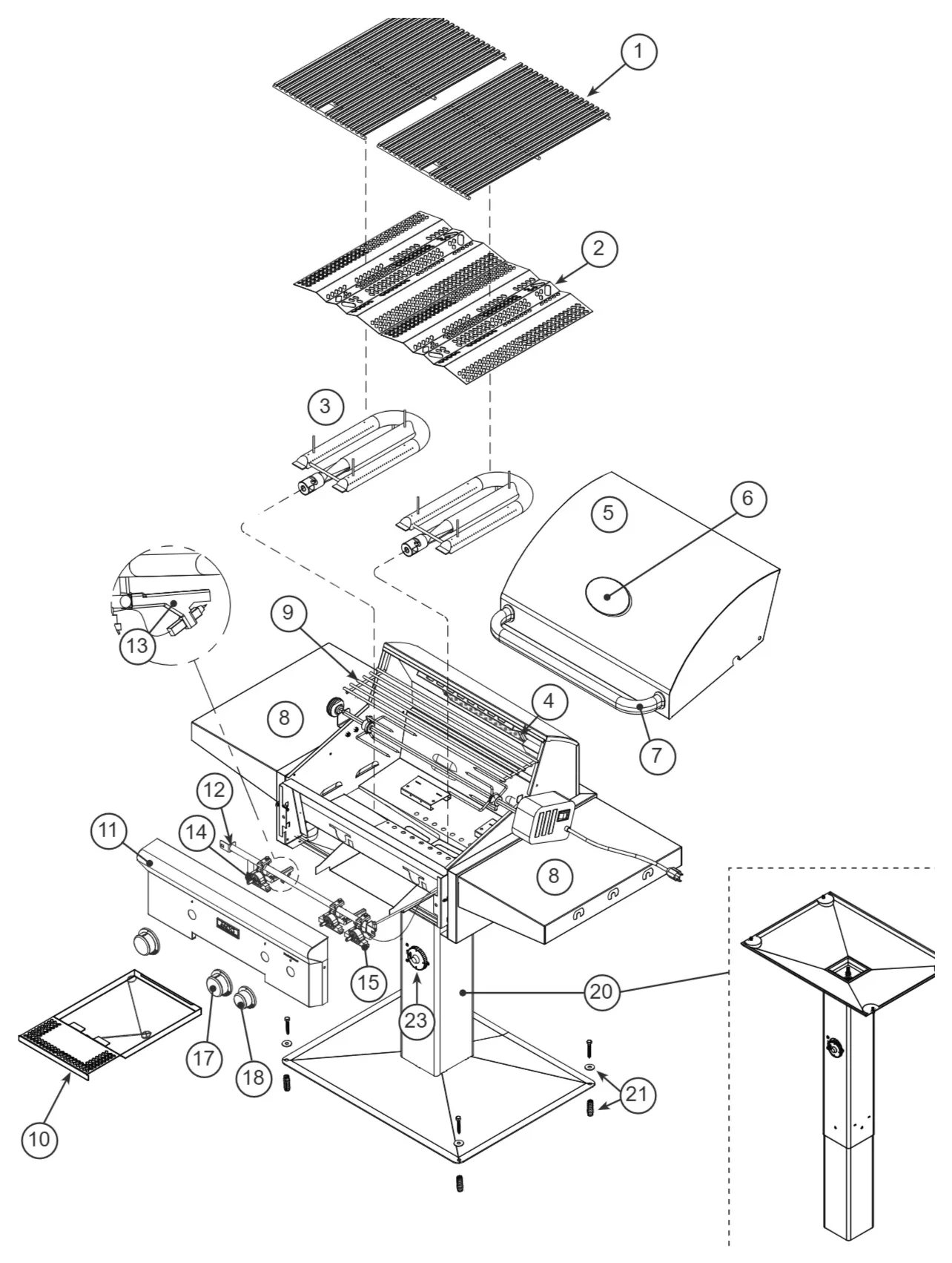 American Outdoor Grill T Series 24-inch Post Mount exploded parts diagram showing 33 replacement parts