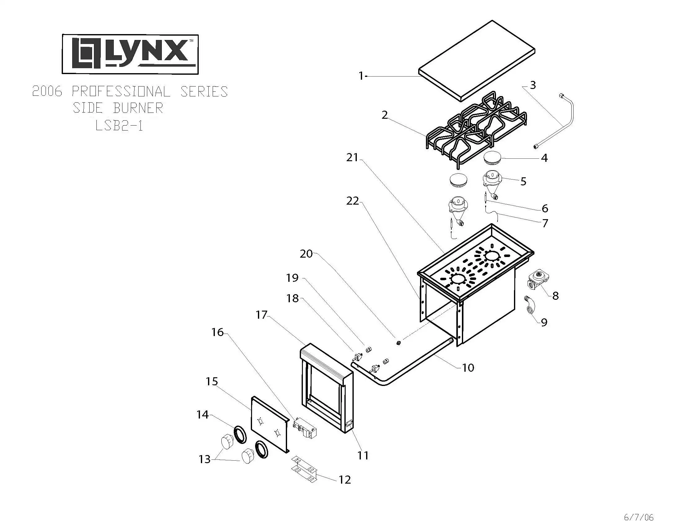 Lynx Side Burner LSB2-1 (2006-2007) 2006 Side Burner parts diagram