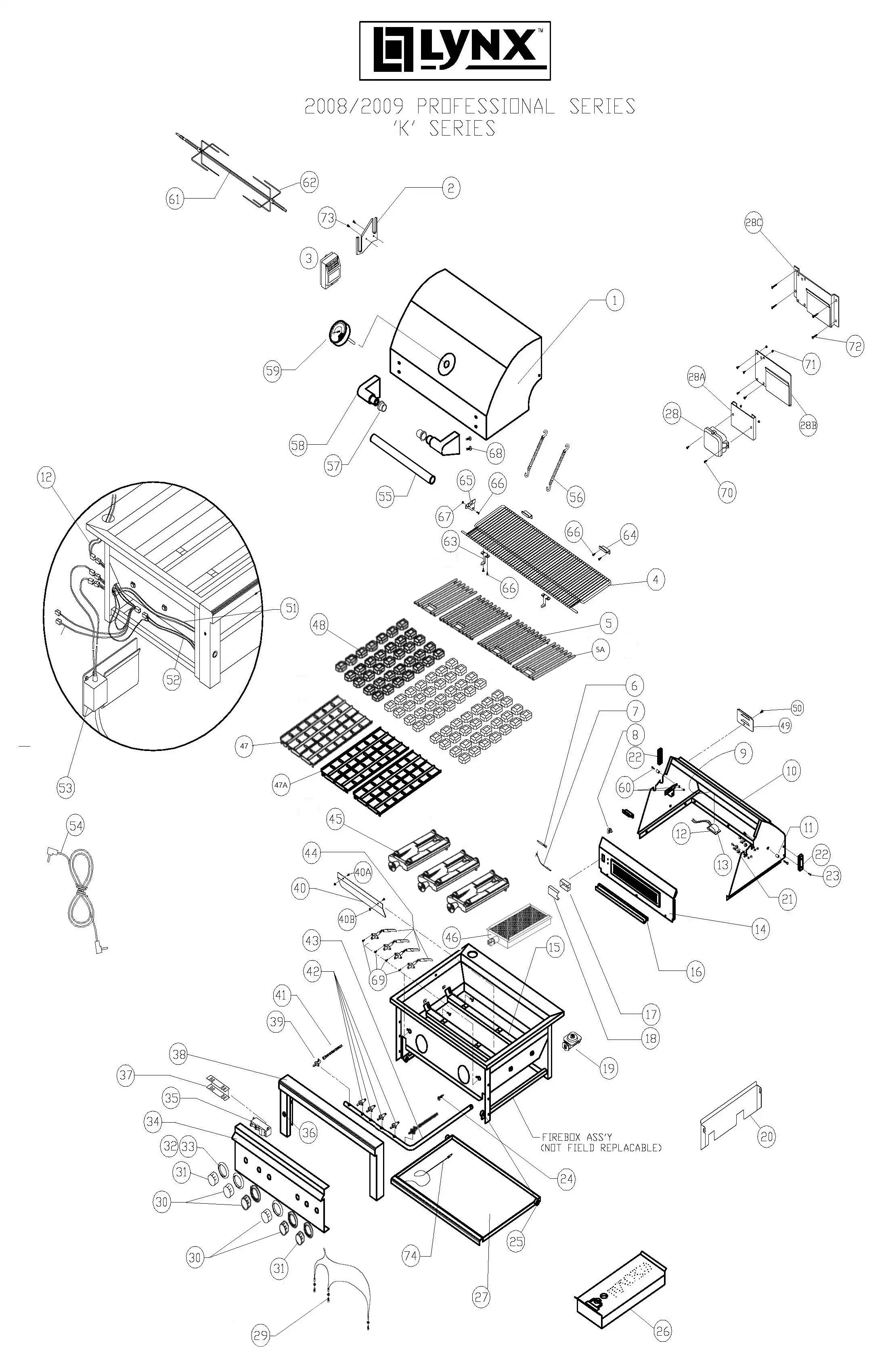 Lynx Professional L54PSFR-1 Series K (2008-2009) Grill parts diagram