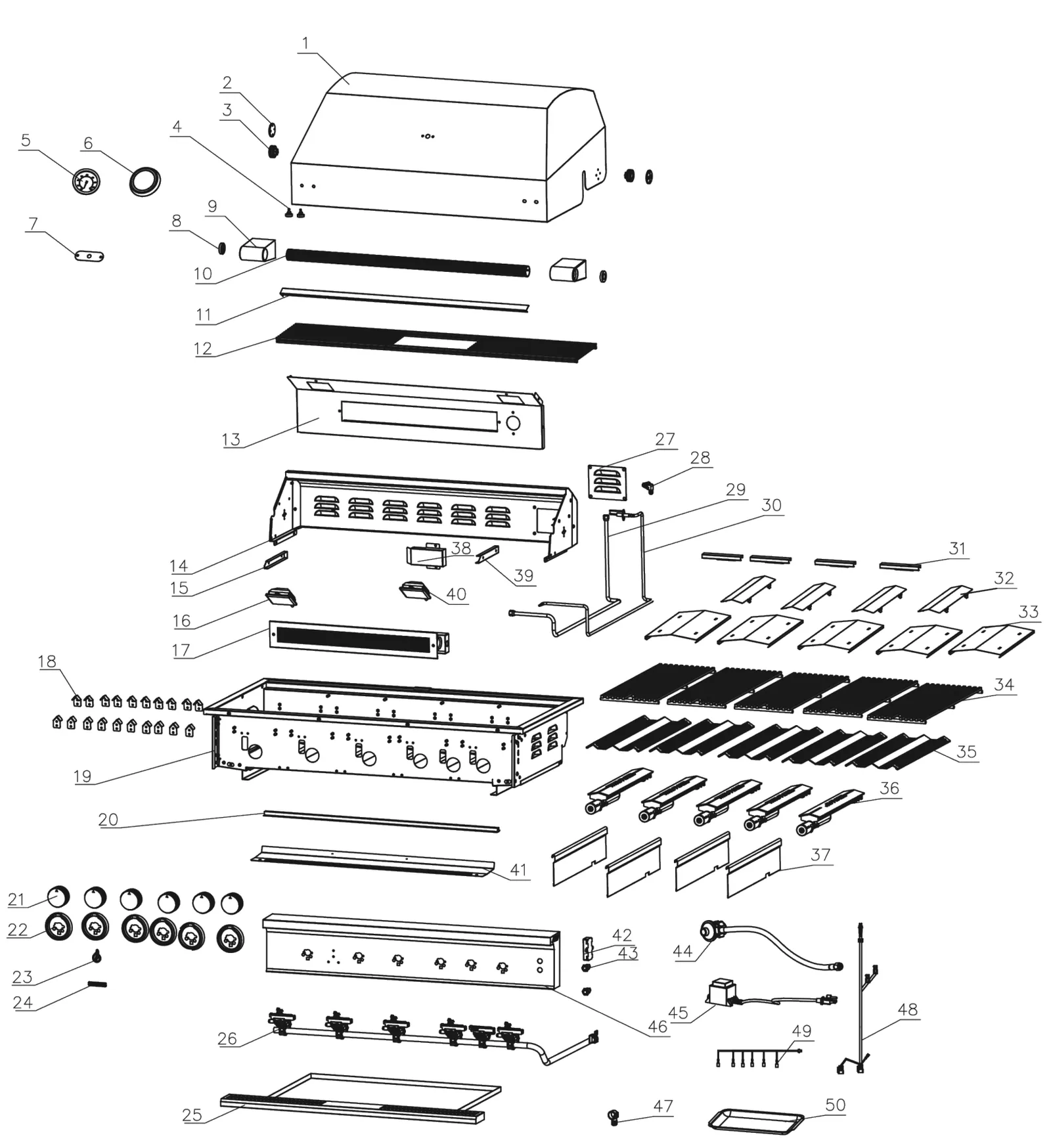 True Flame 25-Inch Built-In Gas Grill (TF25) exploded parts diagram