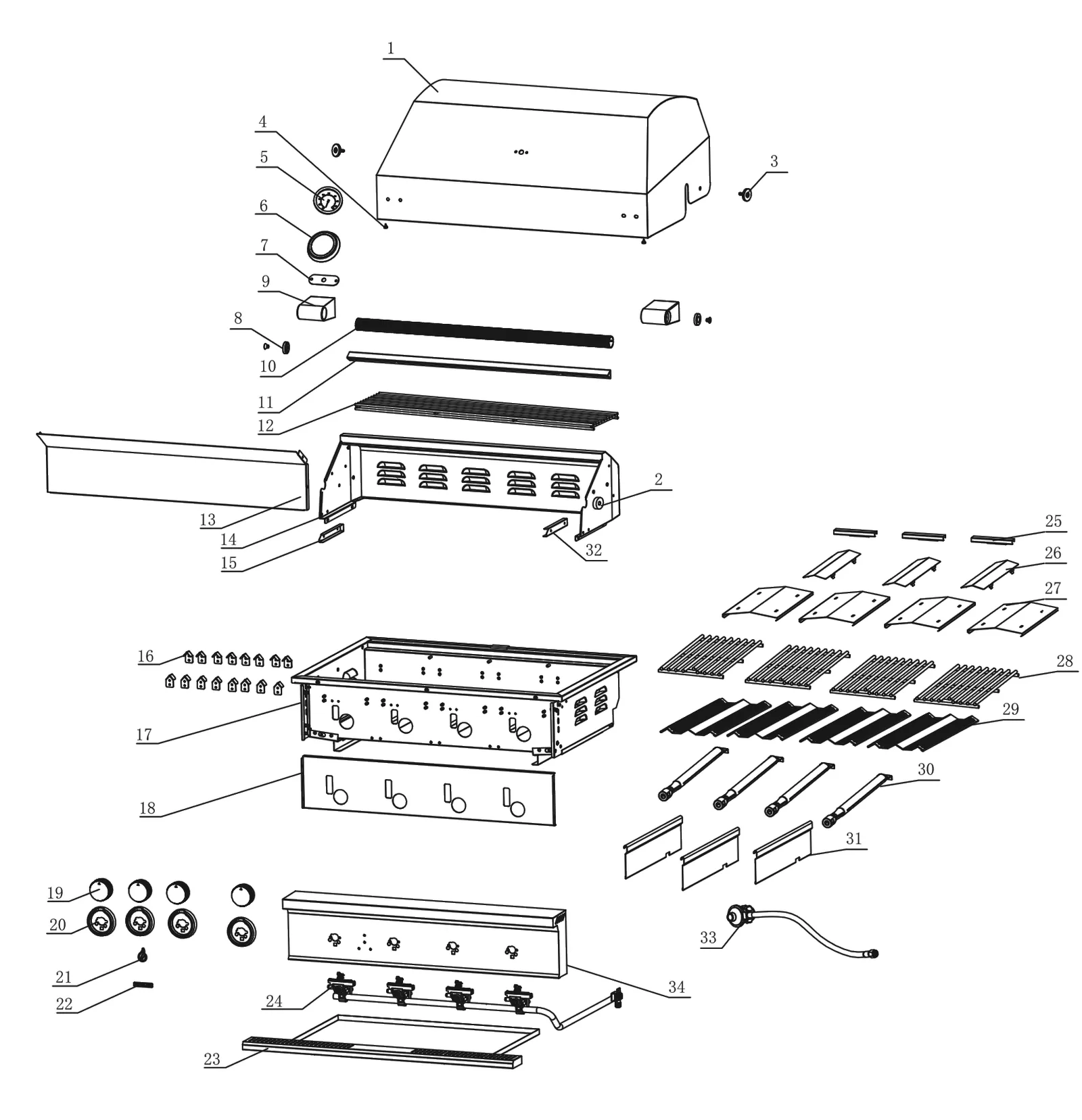 True Flame E Series 25-Inch Built-In Gas Grill (TFE25) exploded parts diagram