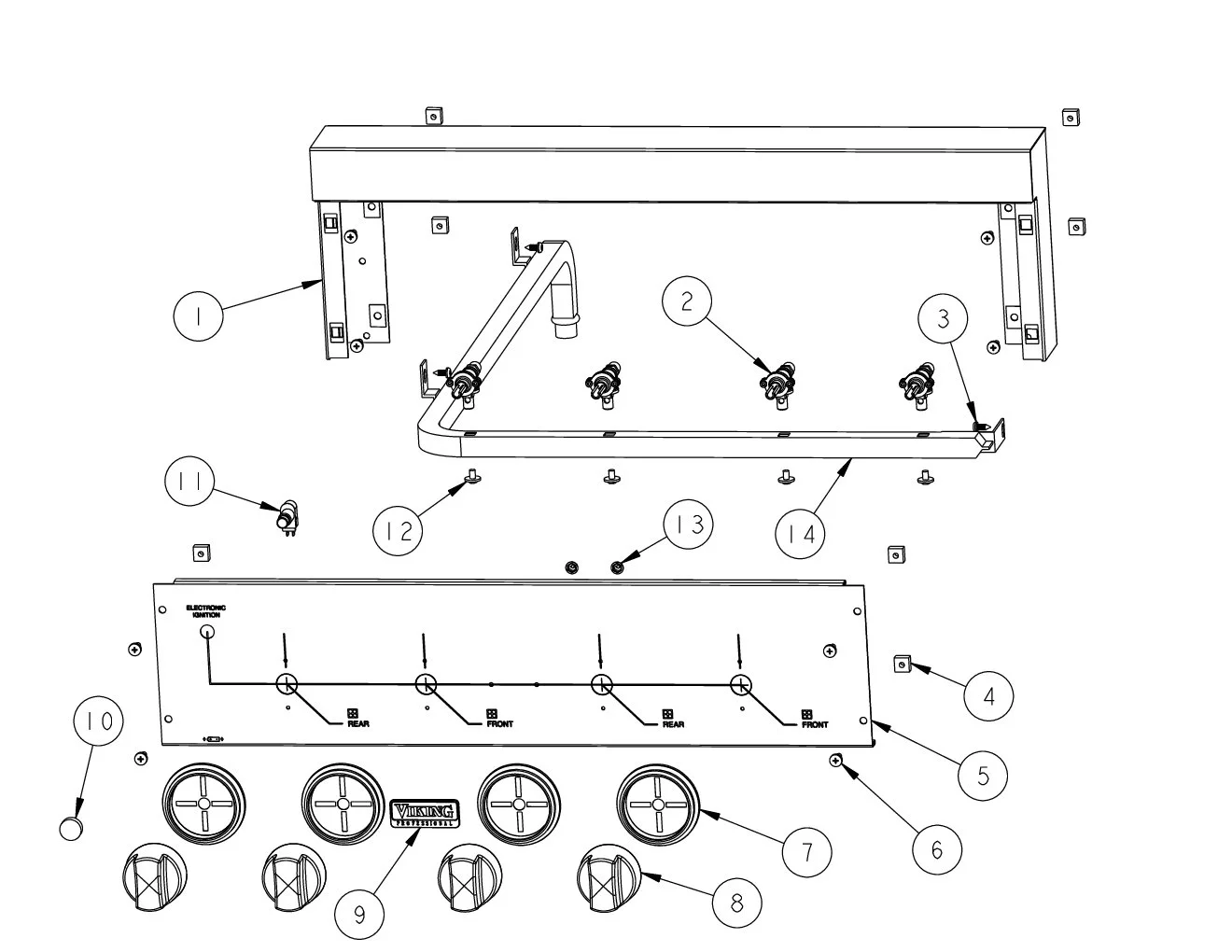 Viking VGSB244T Side Burner Control Area parts diagram