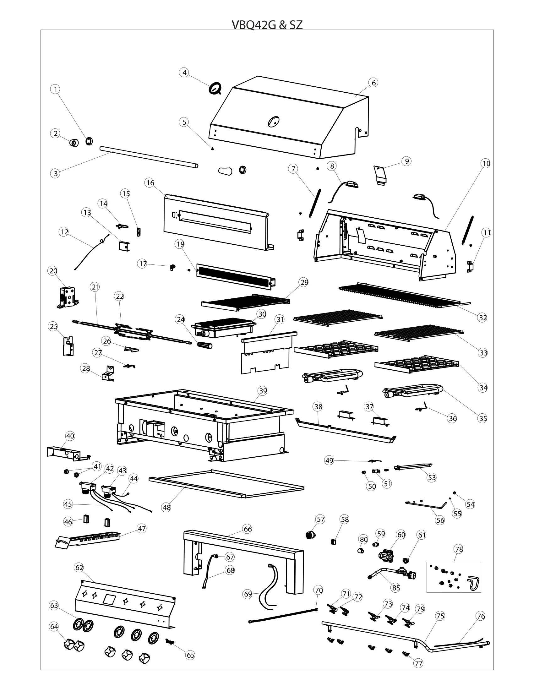 Vintage VBQ42G and VBQ42SZG 42″ Grill 42″ Grill Parts Breakdown parts diagram