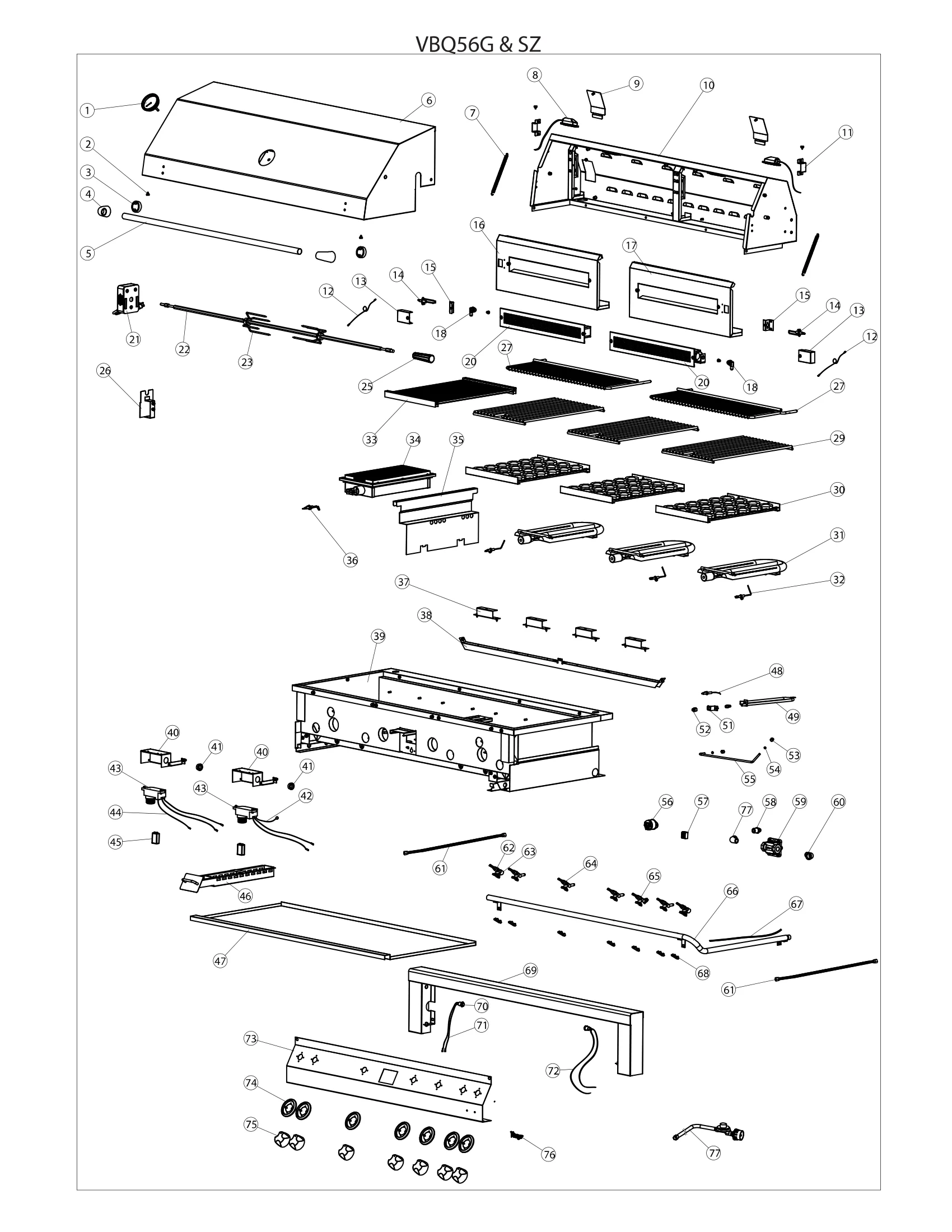 Vintage VBQ56G and VBQ56SZG 56″ Grill 56″ Grill Parts Breakdown parts diagram